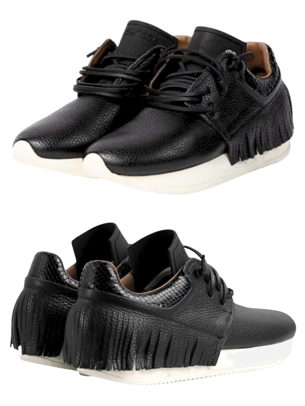 ESSEutESSE new Black Fringe Embossed Snakeskin Leather Lace Sneakers + Box - Picture 15 of 16